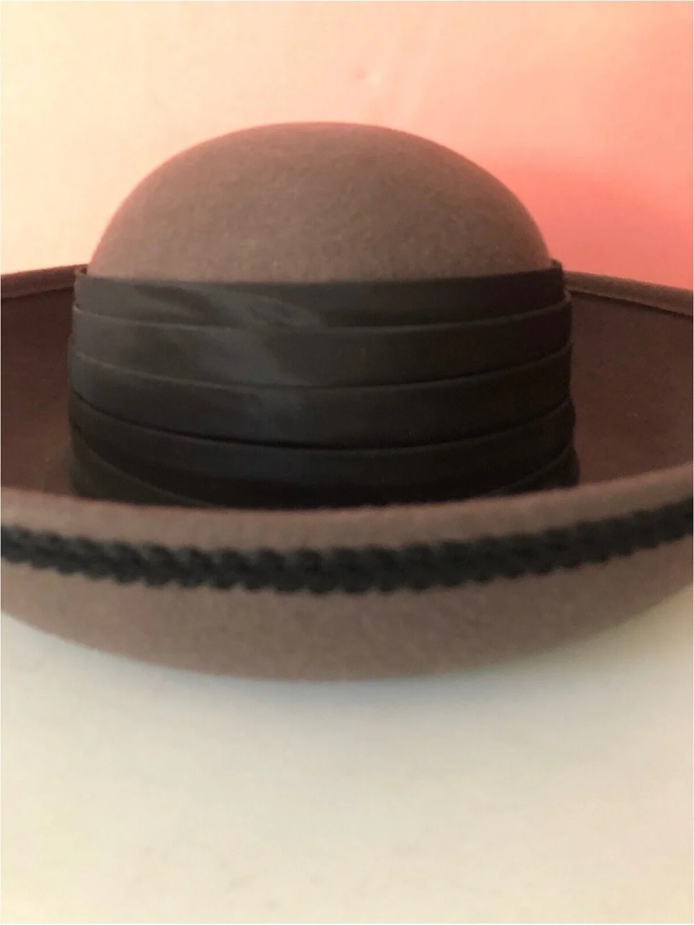 Womens Felt Wide Brim Hat with Ribbon Band - Taupe